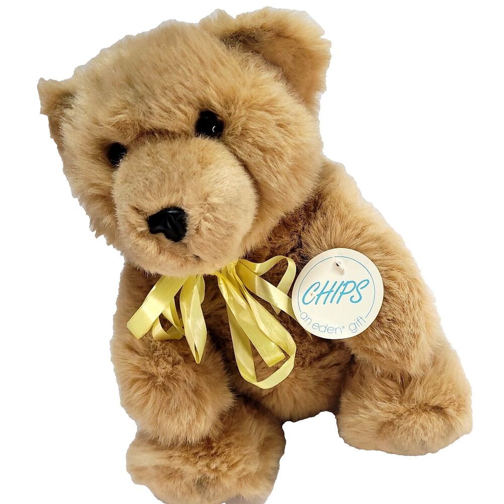 Chips Stuffed Bear Eden Plush 12" Tan Brown Yellow Ribbon NWT 1988 Vtg Korea